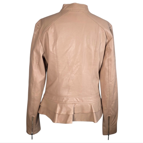 Guess Los Angeles Faux Leather Moto Jacket Womens M Tan Ruffle Hem Zip Front - Picture 3 of 11